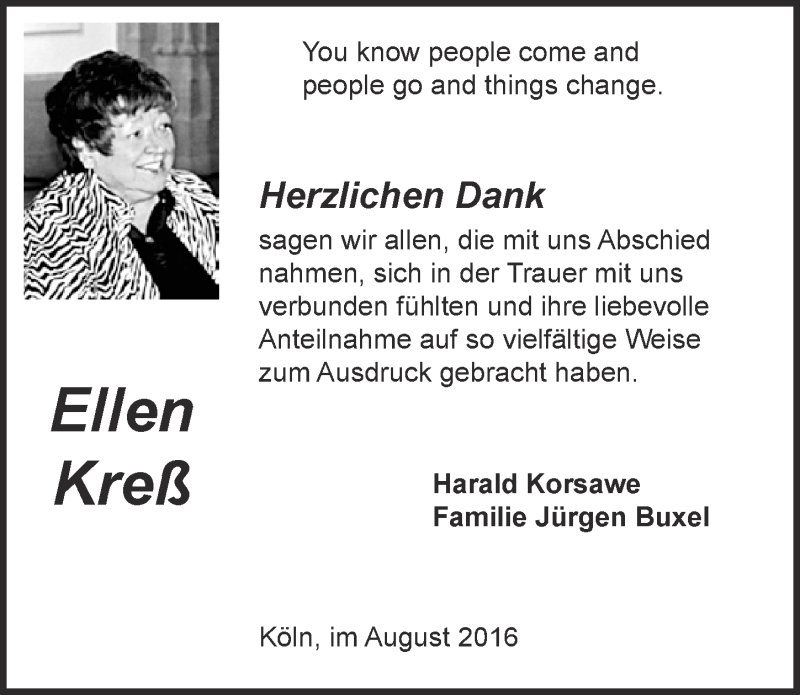  Traueranzeige für Ellen Kreß vom 17.08.2016 aus  Kölner Wochenspiegel 