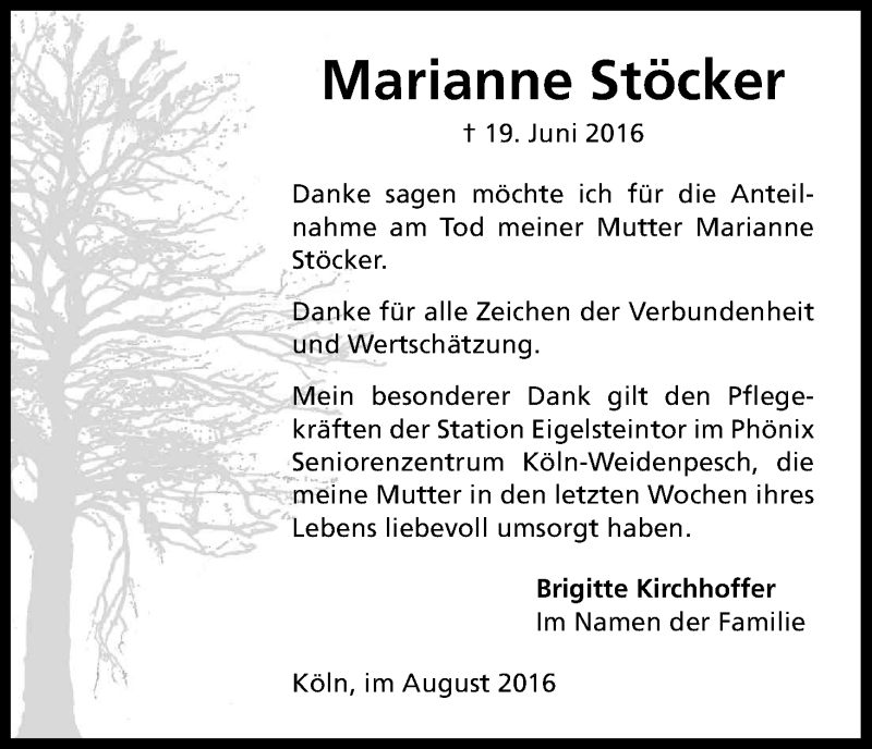  Traueranzeige für Marianne Stöcker vom 13.08.2016 aus Kölner Stadt-Anzeiger / Kölnische Rundschau / Express