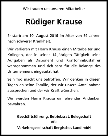 Anzeige von Rüdiger Krause von Kölner Stadt-Anzeiger / Kölnische Rundschau / Express