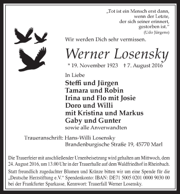 Anzeige von Werner Losensky von  Schaufenster/Blickpunkt 