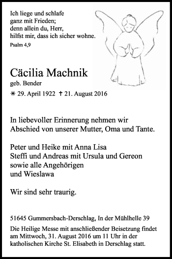 Anzeige von Cäcilia Machnik von Kölner Stadt-Anzeiger / Kölnische Rundschau / Express