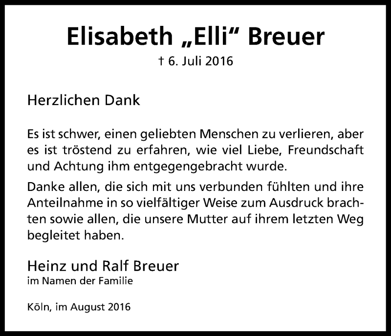  Traueranzeige für Elisabeth  Breuer vom 06.08.2016 aus Kölner Stadt-Anzeiger / Kölnische Rundschau / Express
