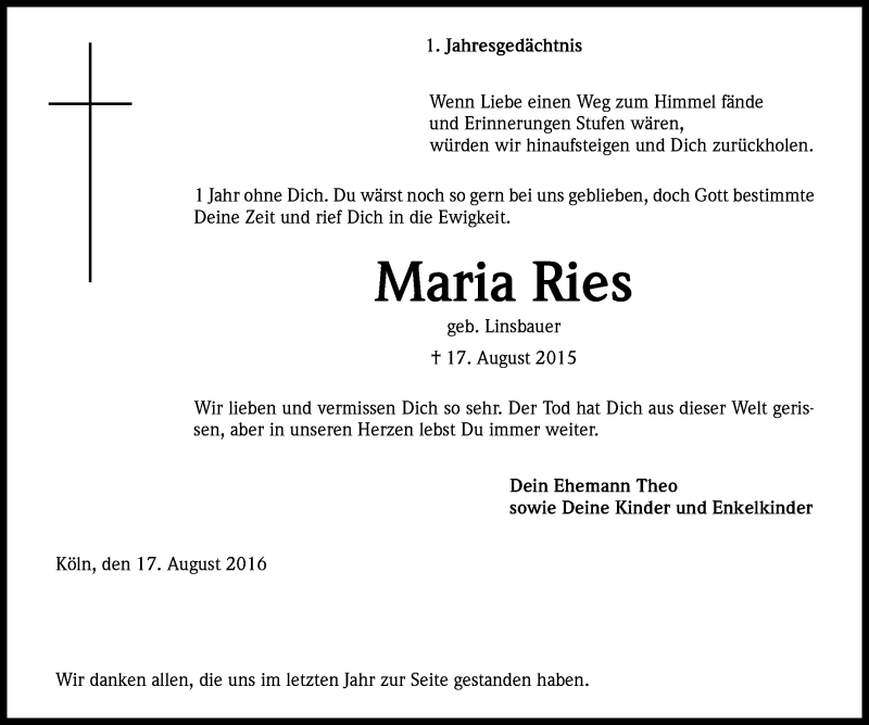  Traueranzeige für Maria Ries vom 17.08.2016 aus Kölner Stadt-Anzeiger / Kölnische Rundschau / Express