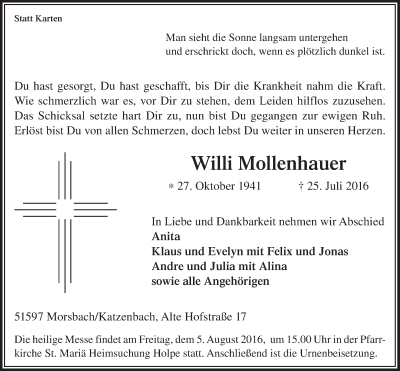  Traueranzeige für Willi Mollenhauer vom 03.08.2016 aus  Lokalanzeiger 