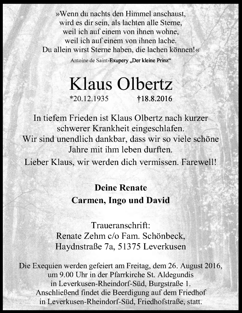  Traueranzeige für Klaus Olbertz vom 23.08.2016 aus Kölner Stadt-Anzeiger / Kölnische Rundschau / Express