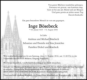 Anzeige von Inge Bösebeck von Kölner Stadt-Anzeiger / Kölnische Rundschau / Express