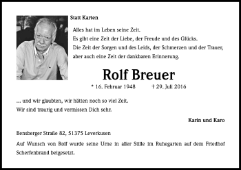 Anzeige von Rolf Breuer von Kölner Stadt-Anzeiger / Kölnische Rundschau / Express