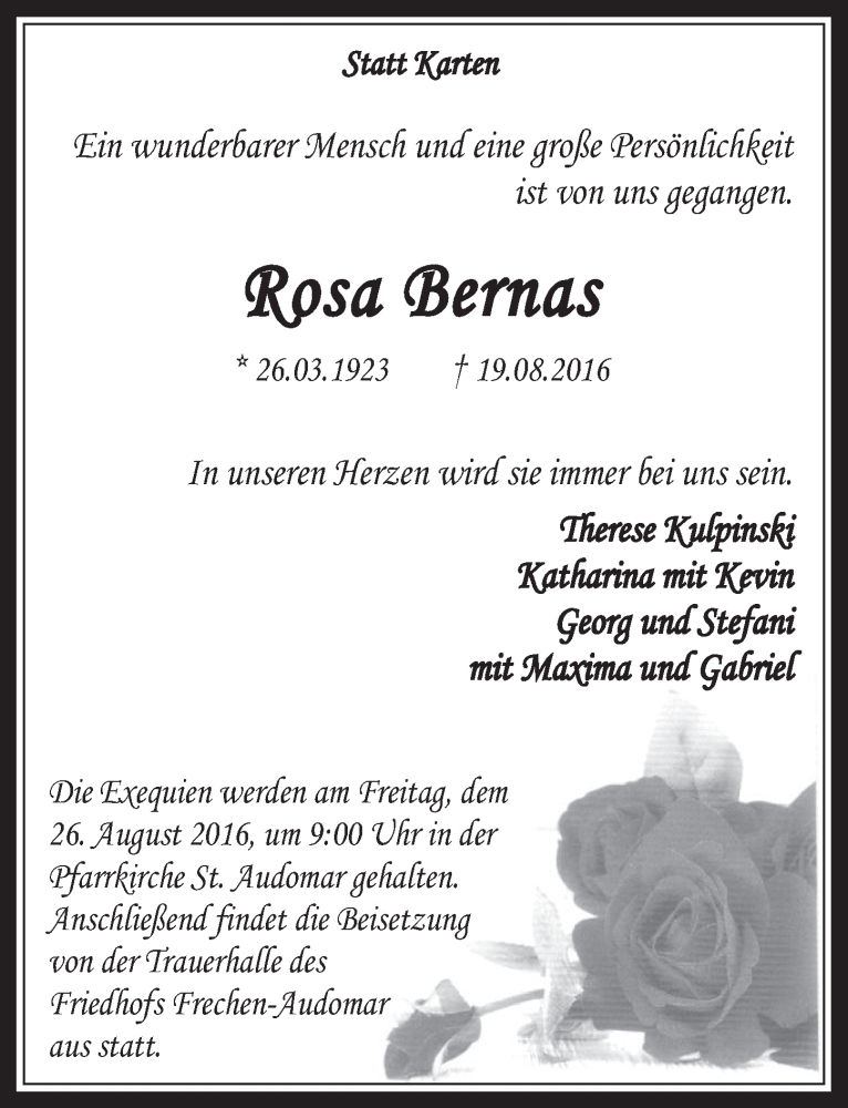  Traueranzeige für Rosa Bernas vom 24.08.2016 aus  Wochenende 