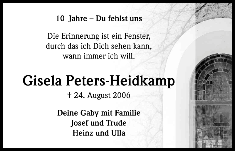  Traueranzeige für Gisela Peters-Heidkamp vom 24.08.2016 aus Kölner Stadt-Anzeiger / Kölnische Rundschau / Express