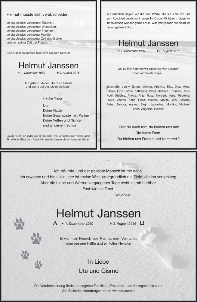  Traueranzeige für Helmut Janssen vom 10.08.2016 aus  Wochenende  Schlossbote/Werbekurier 