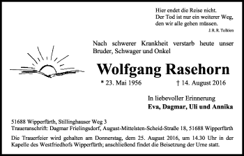 Anzeige von Wolfgang Rasehorn von Kölner Stadt-Anzeiger / Kölnische Rundschau / Express