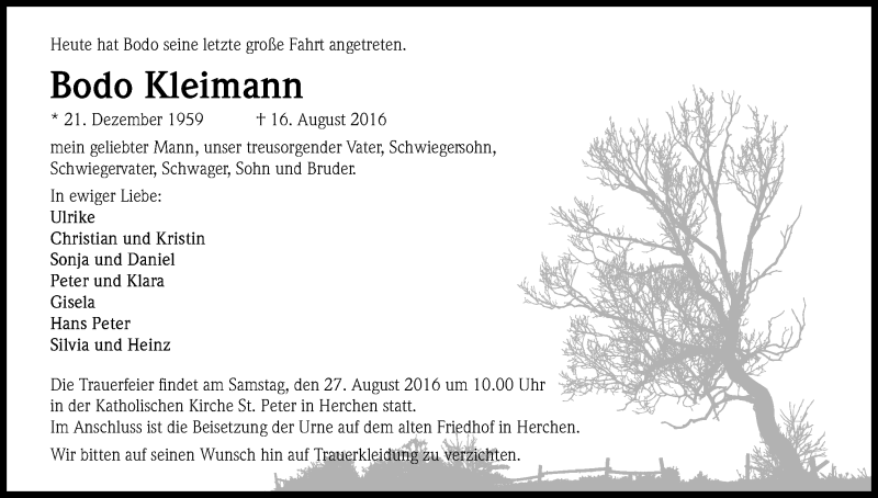  Traueranzeige für Bodo Kleimann vom 23.08.2016 aus Kölner Stadt-Anzeiger / Kölnische Rundschau / Express