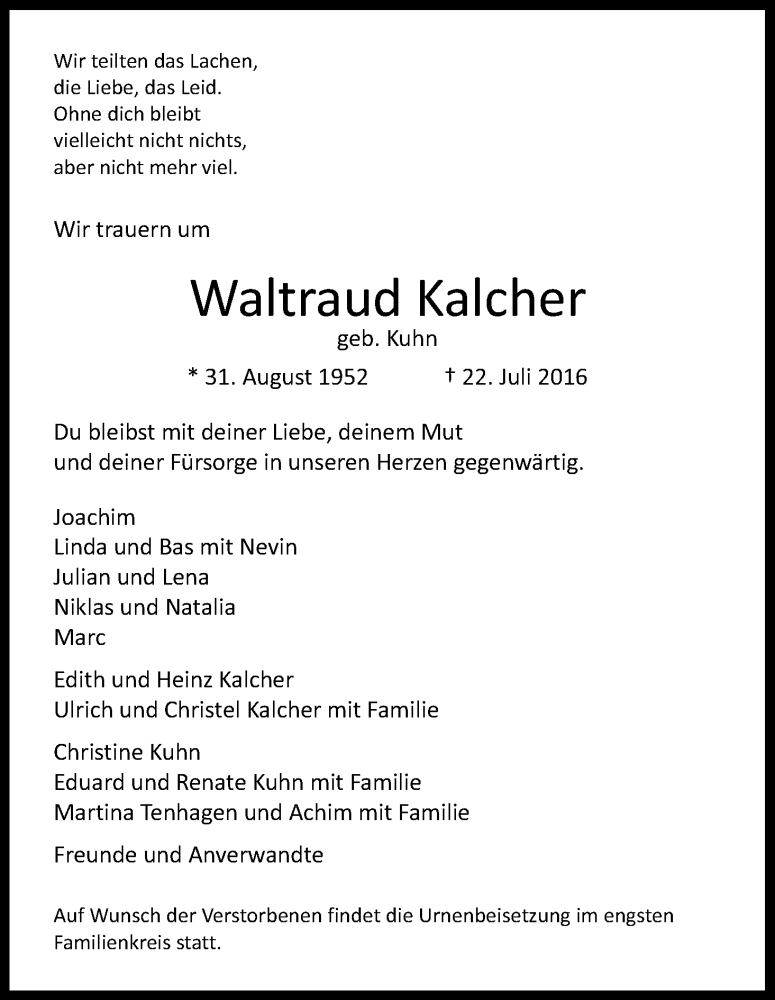  Traueranzeige für Waltraud Kalcher vom 06.08.2016 aus Kölner Stadt-Anzeiger / Kölnische Rundschau / Express