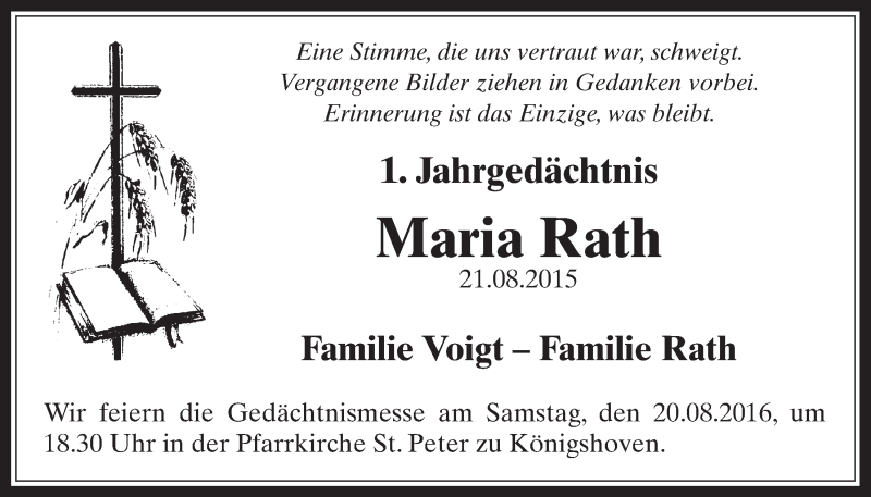  Traueranzeige für Maria Rath vom 10.08.2016 aus  Werbepost 