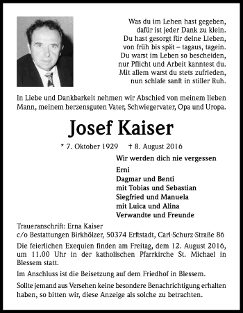 Anzeige von Josef Kaiser von Kölner Stadt-Anzeiger / Kölnische Rundschau / Express