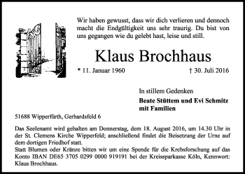 Anzeige von Klaus Brochhaus von Kölner Stadt-Anzeiger / Kölnische Rundschau / Express