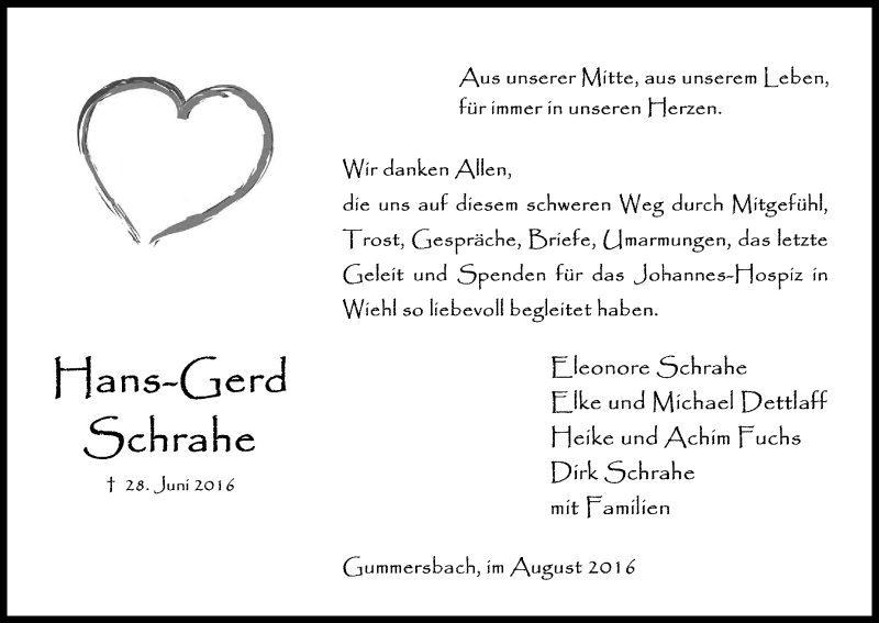  Traueranzeige für Hans-Gerd Schrahe vom 06.08.2016 aus Kölner Stadt-Anzeiger / Kölnische Rundschau / Express