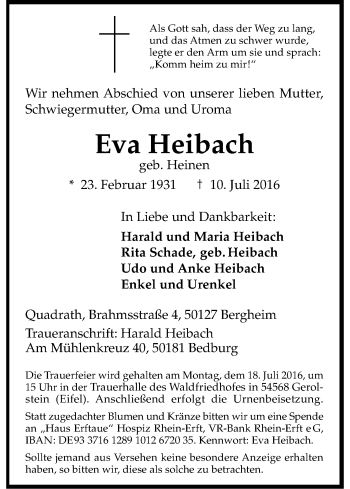 Anzeige von Eva Heibach von Kölner Stadt-Anzeiger / Kölnische Rundschau / Express