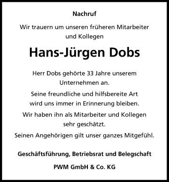 Anzeige von Hans-Jürgen Dobs von Kölner Stadt-Anzeiger / Kölnische Rundschau / Express