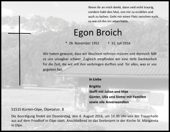 Anzeige von Egon Broich von Kölner Stadt-Anzeiger / Kölnische Rundschau / Express