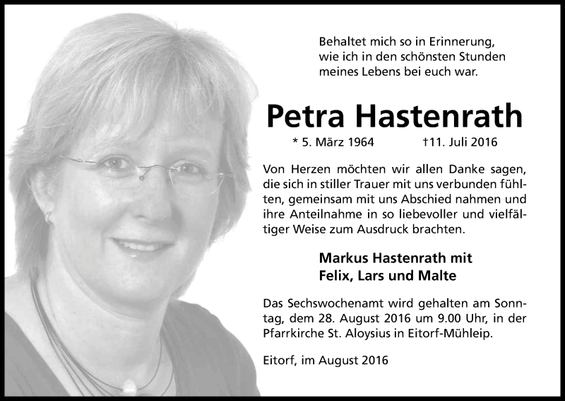  Traueranzeige für Petra Hastenrath vom 20.08.2016 aus Kölner Stadt-Anzeiger / Kölnische Rundschau / Express