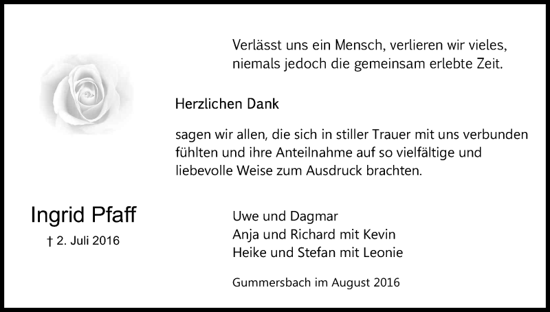  Traueranzeige für Ingrid Pfaff vom 13.08.2016 aus Kölner Stadt-Anzeiger / Kölnische Rundschau / Express