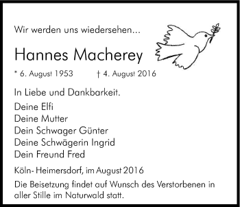 Anzeige von Hannes Macherey von Kölner Stadt-Anzeiger / Kölnische Rundschau / Express