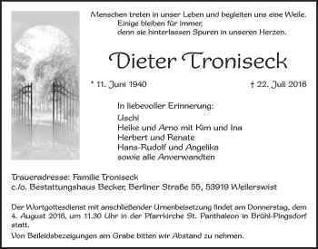 Anzeige von Dieter Troniseck von  Schlossbote/Werbekurier 
