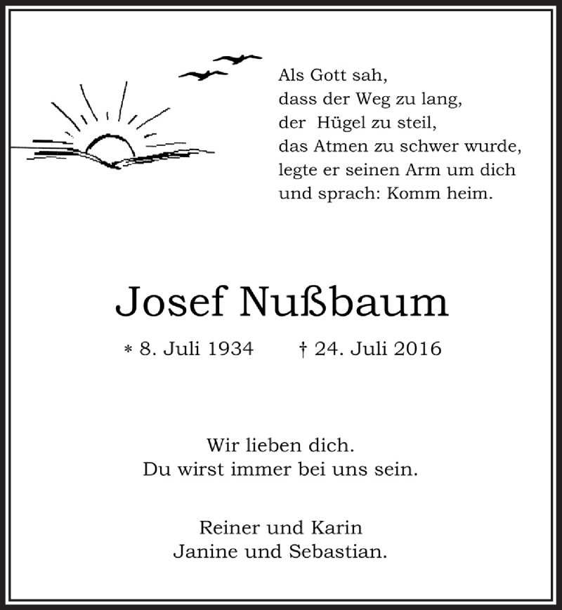  Traueranzeige für Josef Nußmann vom 03.08.2016 aus  Bergisches Handelsblatt 