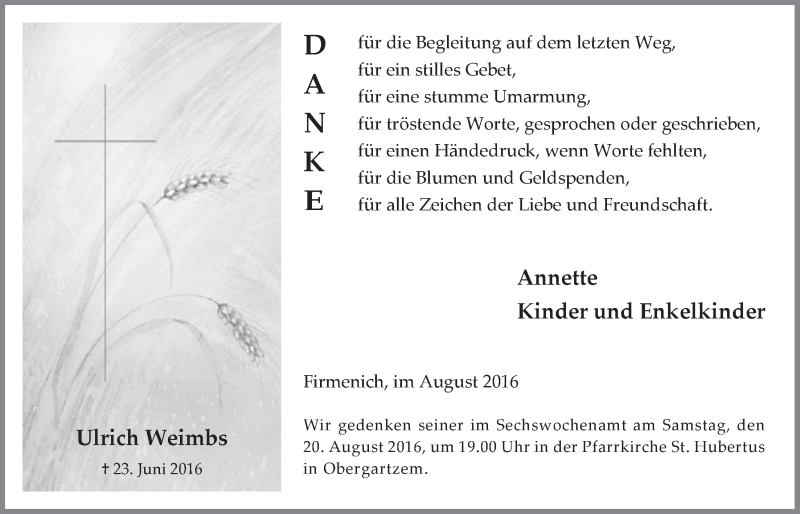  Traueranzeige für Ulrich Weimbs vom 13.08.2016 aus  Blickpunkt Euskirchen 