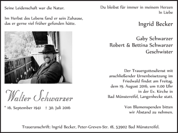 Anzeige von Walter Schwarzer von  Blickpunkt Euskirchen 
