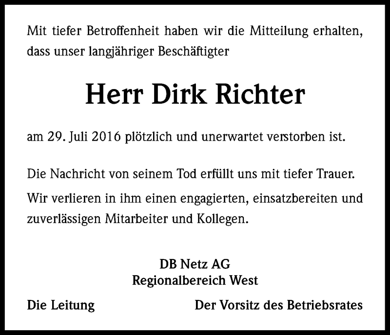  Traueranzeige für Dirk Richter vom 11.08.2016 aus Kölner Stadt-Anzeiger / Kölnische Rundschau / Express