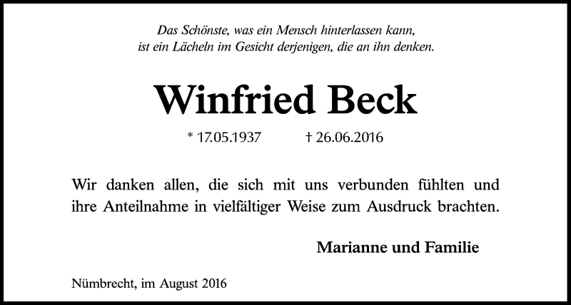  Traueranzeige für Winfried Beck vom 10.08.2016 aus  Lokalanzeiger 