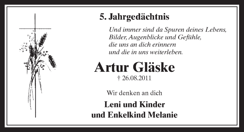  Traueranzeige für Artur Gläske vom 24.08.2016 aus  Werbepost 
