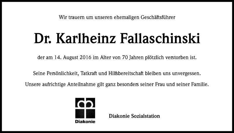  Traueranzeige für Karlheinz Fallaschinski vom 20.08.2016 aus Kölner Stadt-Anzeiger / Kölnische Rundschau / Express