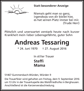 Anzeige von Andreas Tessaring von  Anzeigen Echo 