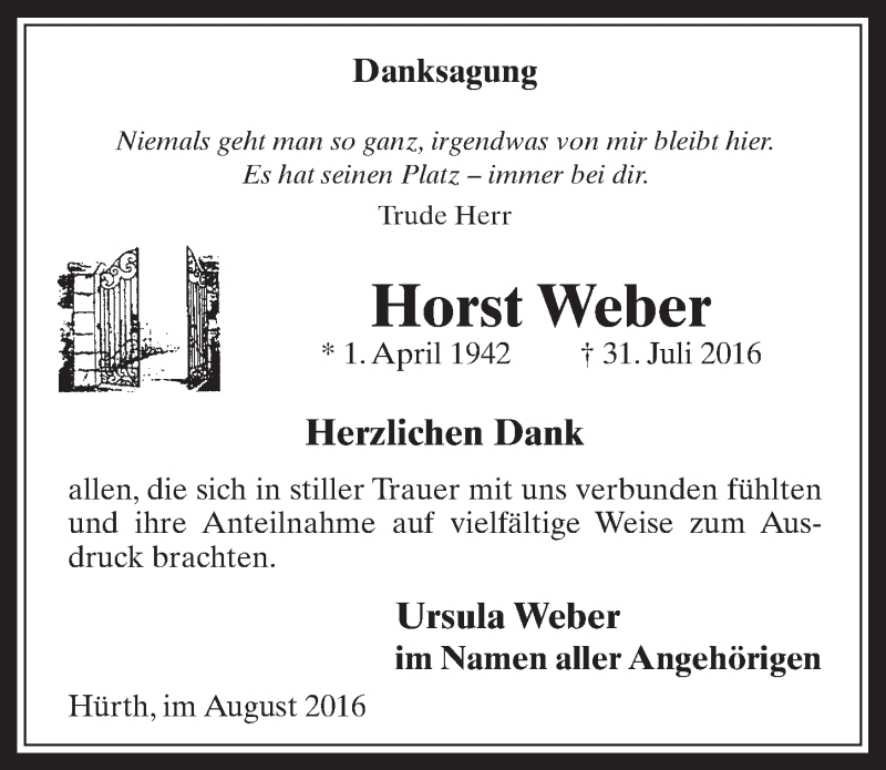  Traueranzeige für Horst Weber vom 31.08.2016 aus  Wochenende 