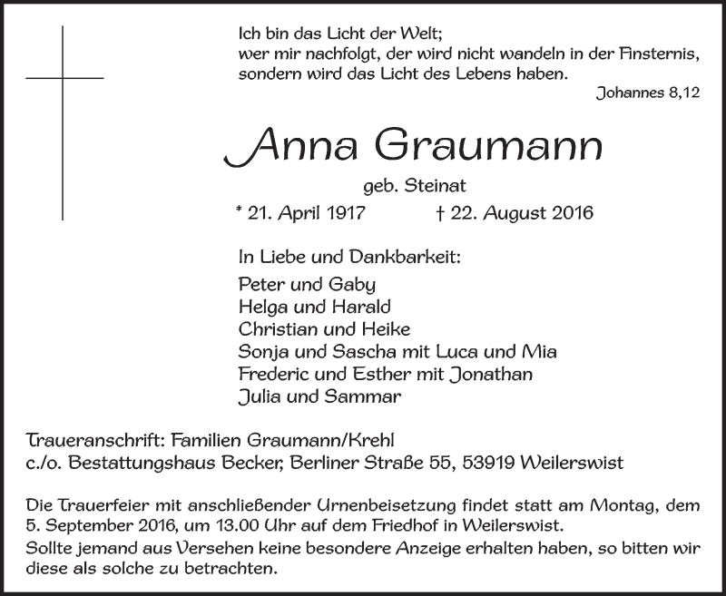  Traueranzeige für Anna Graumann vom 31.08.2016 aus  Schlossbote/Werbekurier 