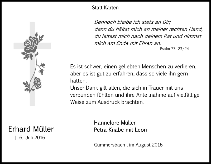  Traueranzeige für Erhard Müller vom 06.08.2016 aus Kölner Stadt-Anzeiger / Kölnische Rundschau / Express