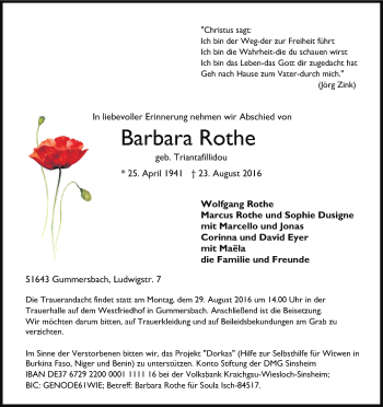 Anzeige von Barbara Rothe von Kölner Stadt-Anzeiger / Kölnische Rundschau / Express