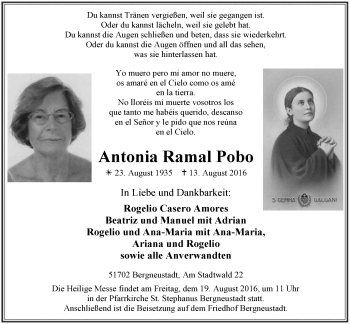 Anzeige von Antonia Ramal Pobo von  Anzeigen Echo 