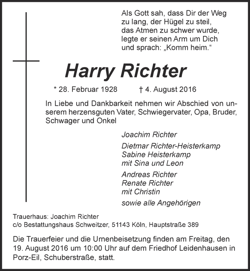  Traueranzeige für Harry Richter vom 17.08.2016 aus  Kölner Wochenspiegel 