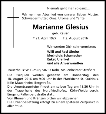 Anzeige von Marianne Glesius von Kölner Stadt-Anzeiger / Kölnische Rundschau / Express