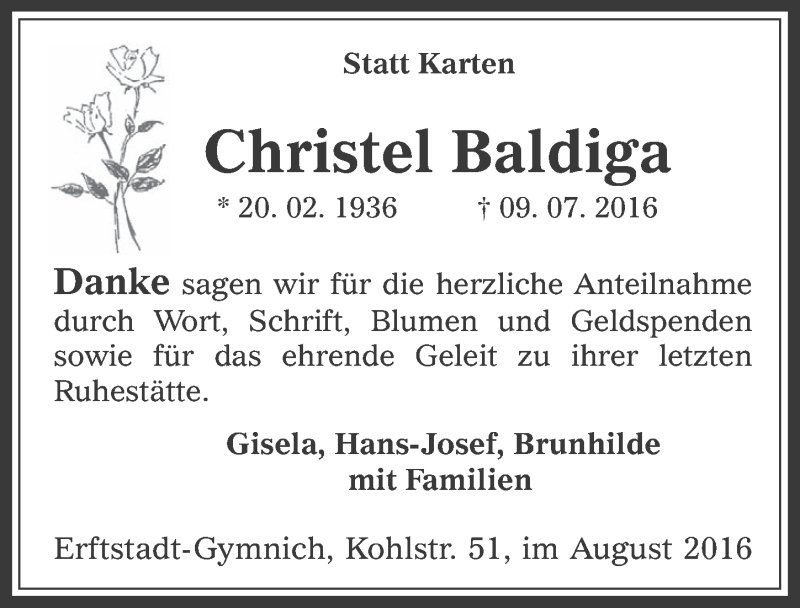  Traueranzeige für Christel Baldiga vom 10.08.2016 aus  Werbepost 