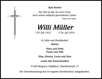 Anzeige von Willi Müller von Kölner Stadt-Anzeiger / Kölnische Rundschau / Express