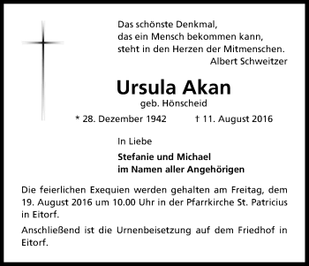 Anzeige von Ursula Akan von Kölner Stadt-Anzeiger / Kölnische Rundschau / Express