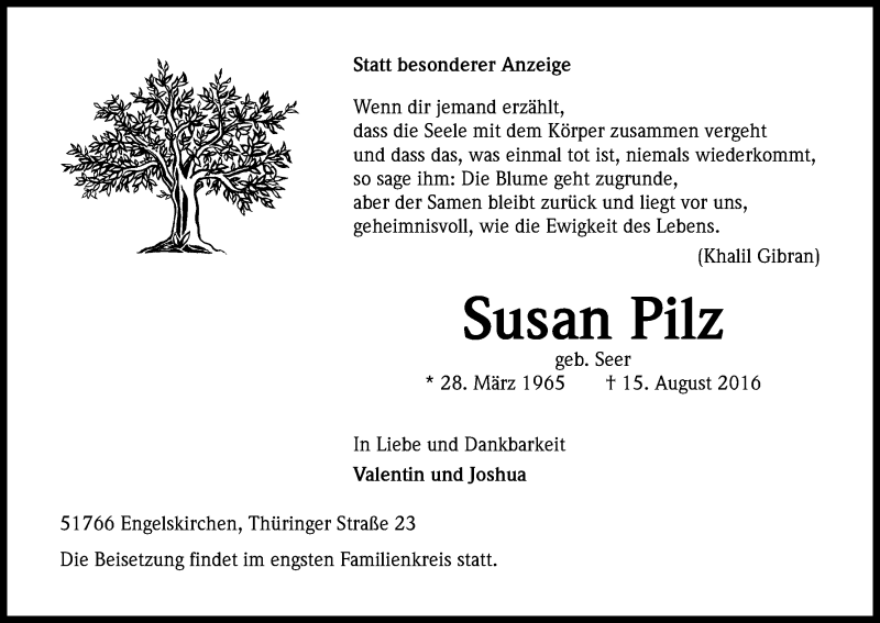  Traueranzeige für Susan Pilz vom 19.08.2016 aus Kölner Stadt-Anzeiger / Kölnische Rundschau / Express