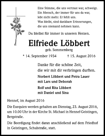 Anzeige von Elfriede Löbbert von Kölner Stadt-Anzeiger / Kölnische Rundschau / Express
