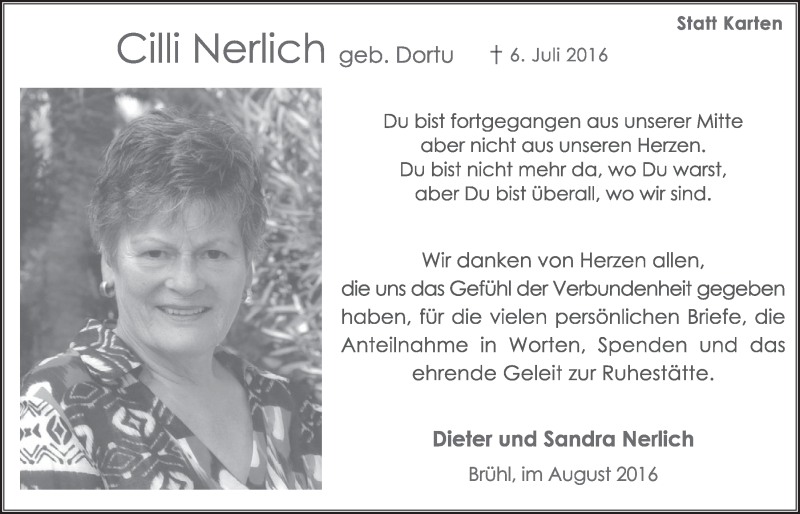  Traueranzeige für Cilli Nerlich vom 03.08.2016 aus  Schlossbote/Werbekurier 