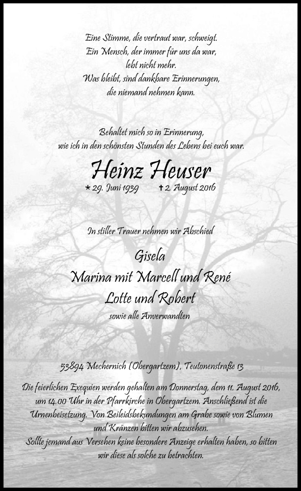  Traueranzeige für Heinz Heuser vom 06.08.2016 aus  Blickpunkt Euskirchen 